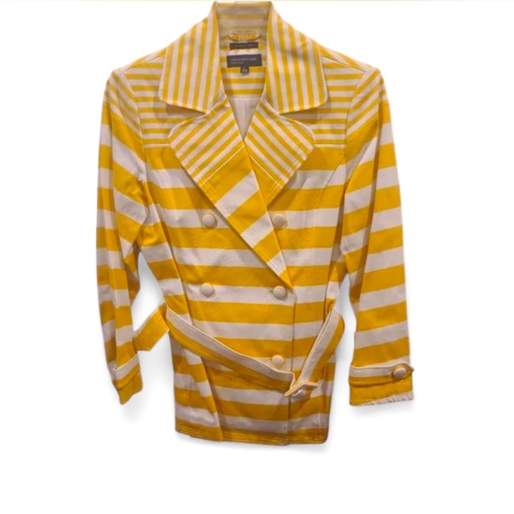 Jones New York Yellow and White Striped Double-Breasted Trench Blazer